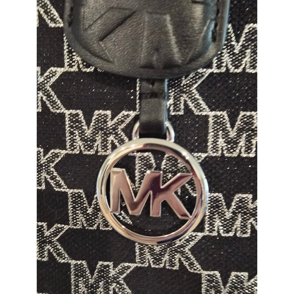 Michael Kors Large Tote Bag Black Silver MK Logo Jacquard Metallic Stripe - Picture 2 of 12